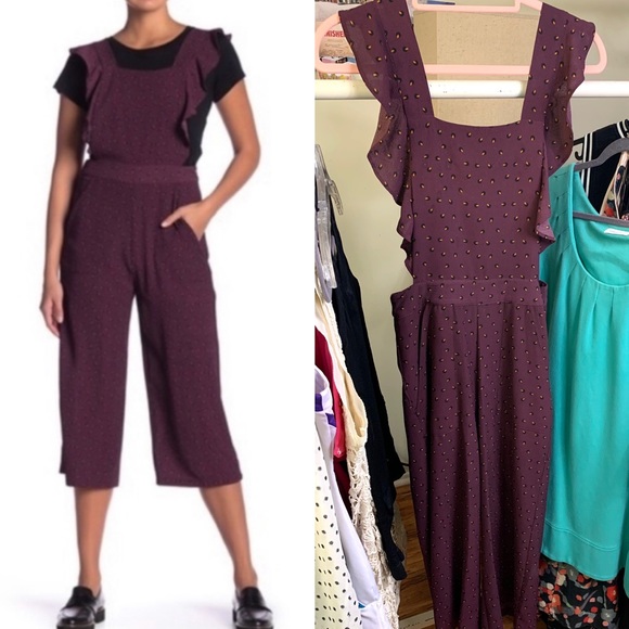 bobeau Pants - BOBEAU Bib Overalls burgundy pockets capri cropped